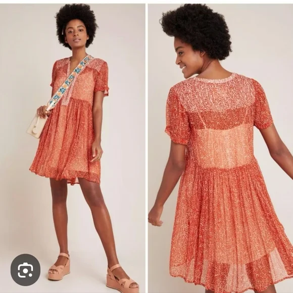 Maeve Anthropologie Adrian Sheer Tunic Dress in dark orange. Size S. - Picture 1 of 8
